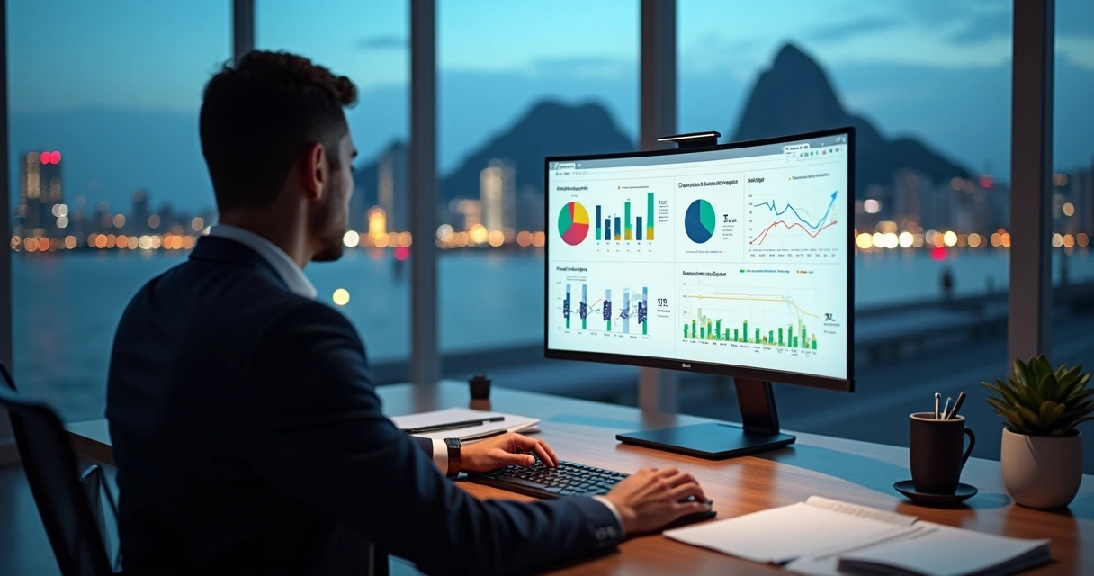 Gestor analisando gráficos de terceirização em tela ampla em escritório moderno