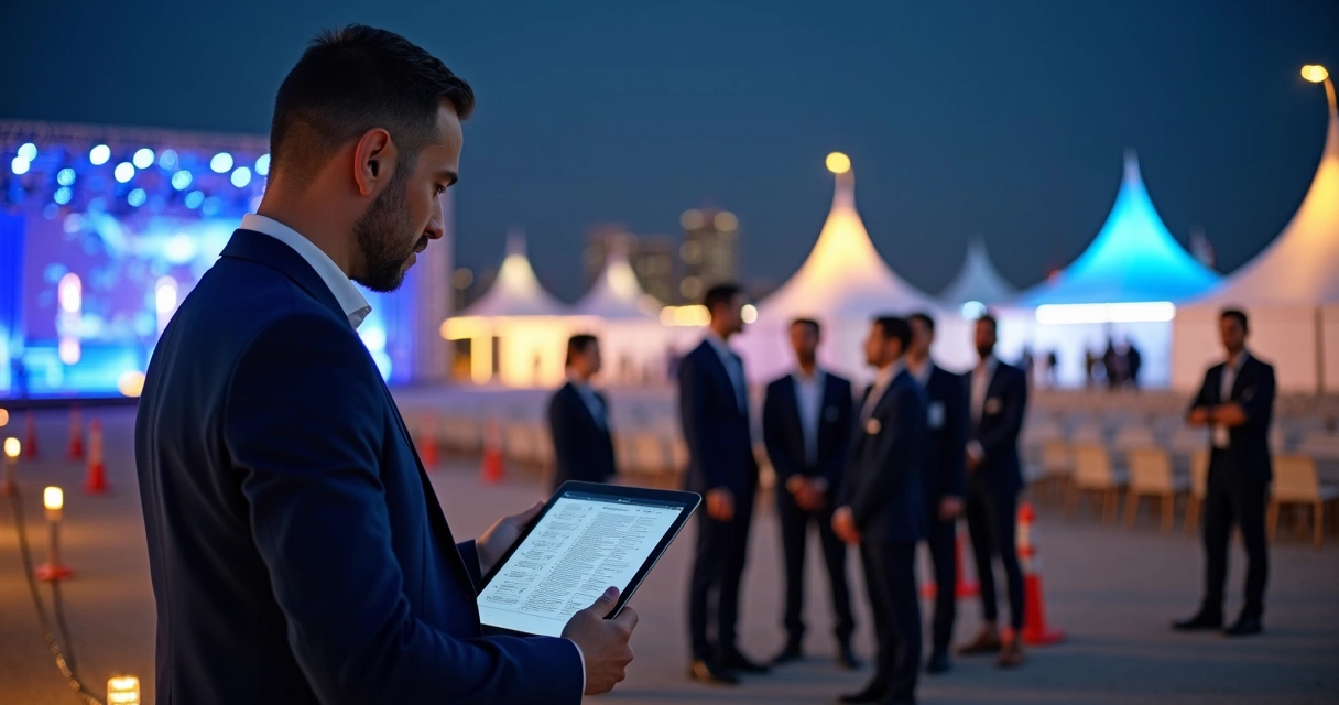 Gestor reunido com equipe terceirizada em grande evento noturno